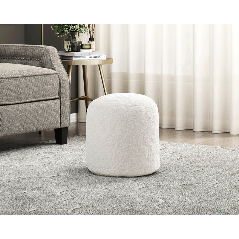 Modern Pouf Off-White Faux Fur Fabric Upholstered Ottoman, Footstool, Non-Slip Floor Pouf, Bean Bag Chair, 1Pc Sitting Pouf