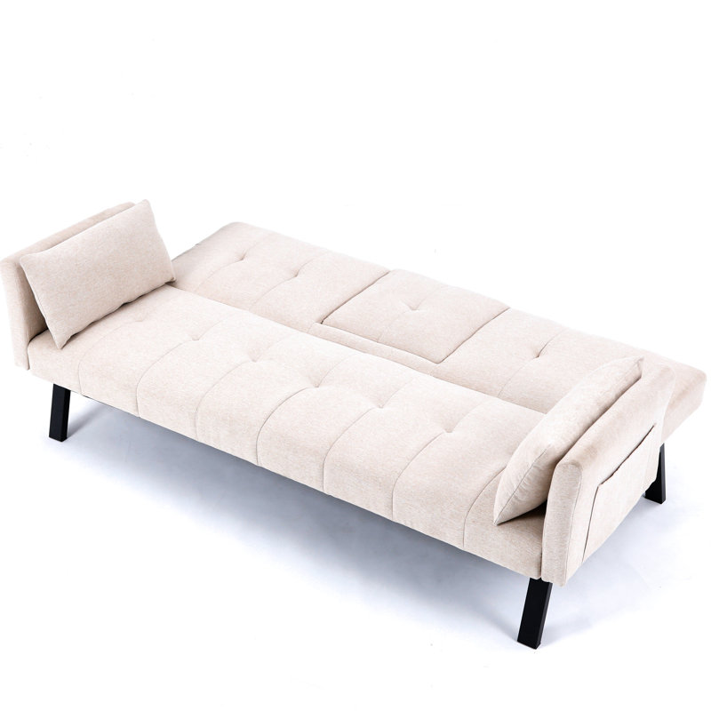 Lit pliant multifonctionnel de 70 pouces en coton et en lin, idéal pour les petits espaces, avec rangement central pour porte-gobelet, 2 coussins de siège, lit en lin beige, boissons relaxantes,