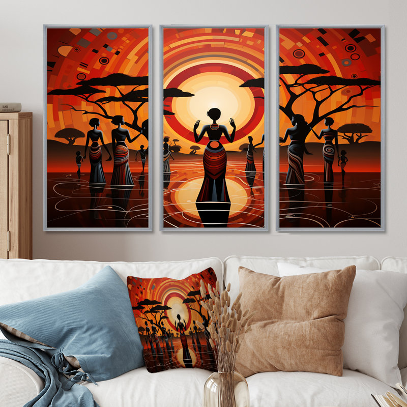 Sacred Full Moon Tribal Celebration - ensemble de salon art mural africain, Encadrement argenté, H 32 po x l 48 po x P 1 po