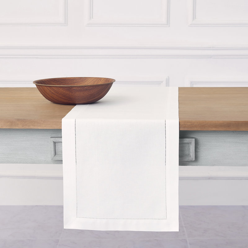 Cotton Linen Hemstitch Table Runner, White, 36" x 14", Solid Color
