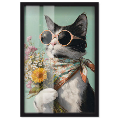Cat with Bouquet Shadowbox Print Pets Glam Wall Art by Art Remedy, Black Frame, 21 x 31