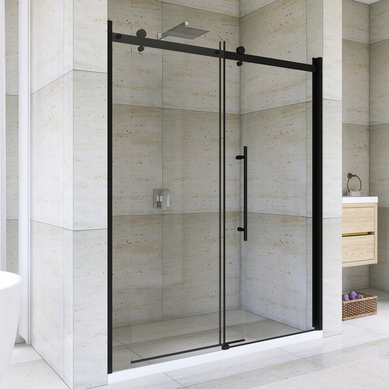Porte de douche 60 po x l 72 po à porte coulissante semi-sans cadre au fini noir mat