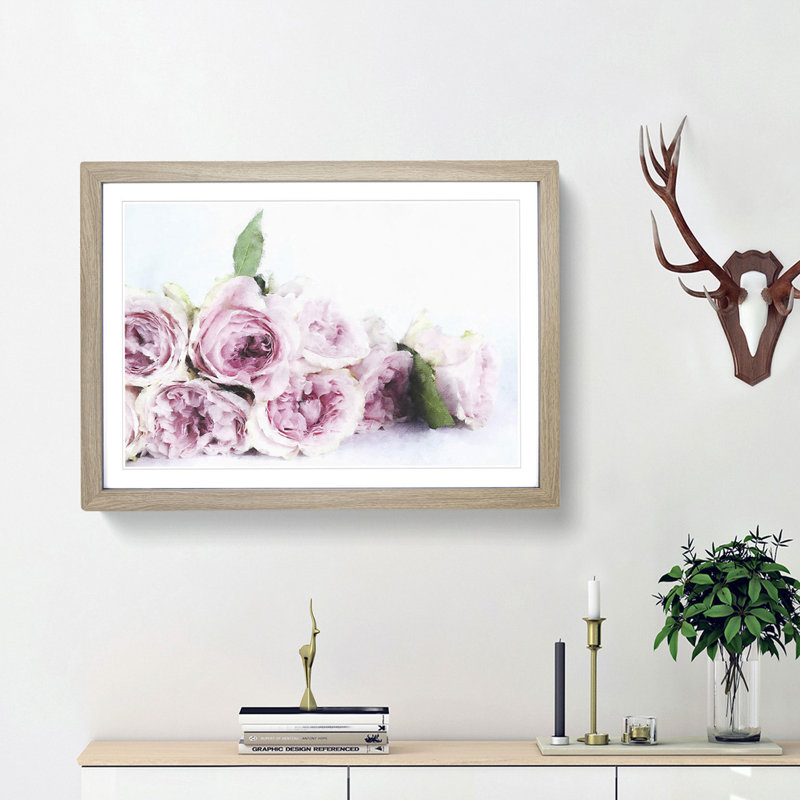 Dusty Pink Roses - Picture Frame Graphic Art Print, 45cm H x 63cm W x 2cm D, Oak Framed
