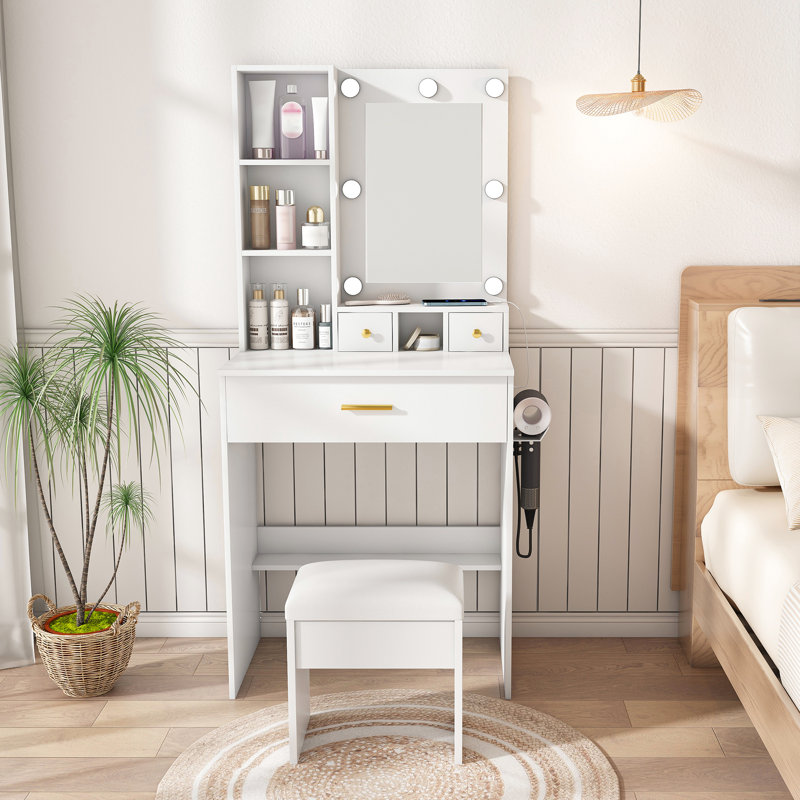 Coiffeuse avec éclairage DEL réglable, prise électrique et support pour sèche-cheveux - Style américain pour chambre à coucher - Gain de place - Montage facile - Miroir - Meuble blanc - Éclairage professionnel