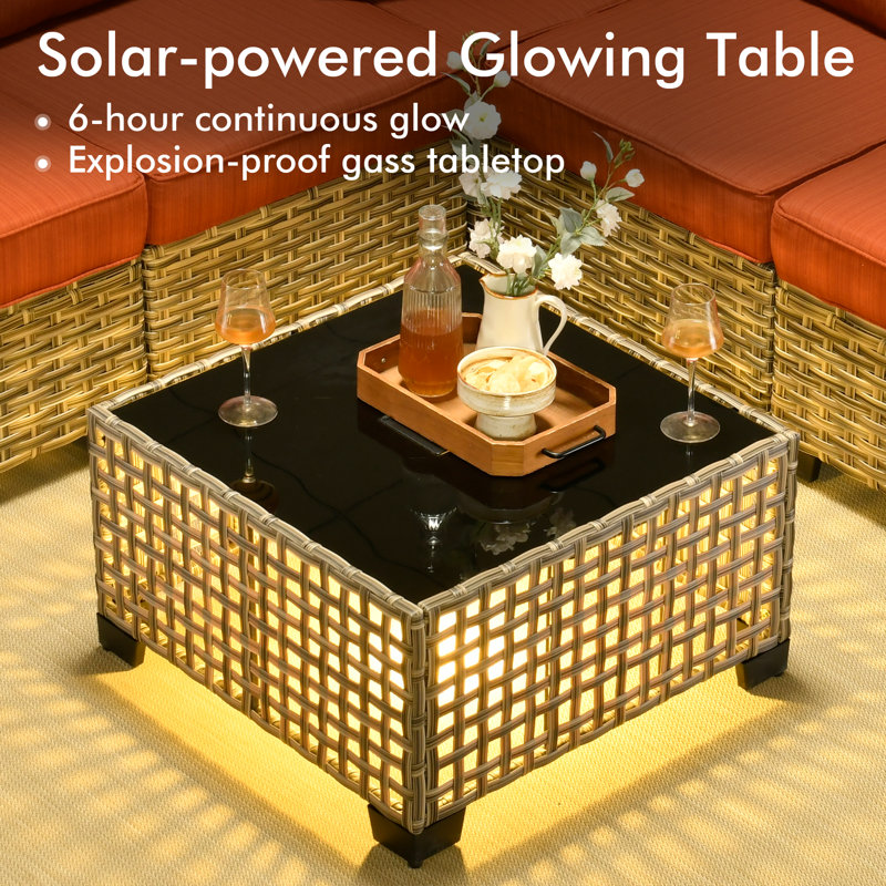 14- Person Rattan Outdoor Seating Group With Swivel Rockers and Fire Pit Table, Orange Red