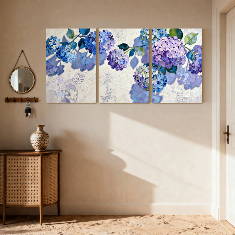Plantes et fleurs, hortensias, ensemble de 3 reproductions d'art sur toile, H 24 po x l 48 po