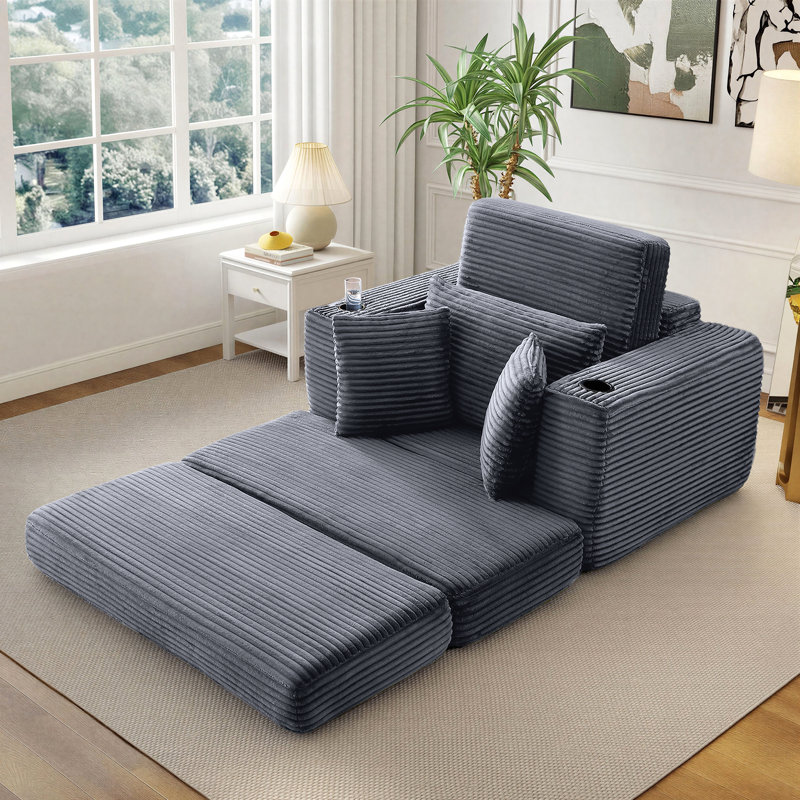 Fauteuil surdimensionné avec accoudoirs à compression de 52 po avec porte-gobelet et coussins, Gris