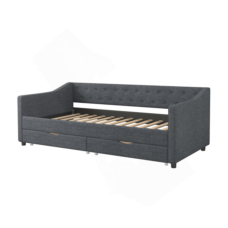 Twin Size Daybed with Drawers Upholstered Tufted Sofa Bed, with Button on Back and Piping on Waved Shape Arms-Dark Grey, Twin
