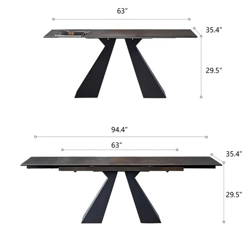 63" to 95" Extendable Sintered Stone Dining Table for 4-10, Black Matte Sintered Stone Table top, Black Steel Legs