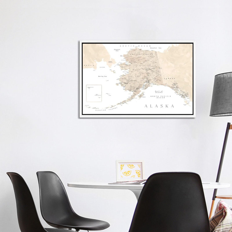 Neutral Watercolor Detailed Map Of Alaska by Blursbyai - Gallery-Wrapped Canvas Giclée on Canvas, White Framed