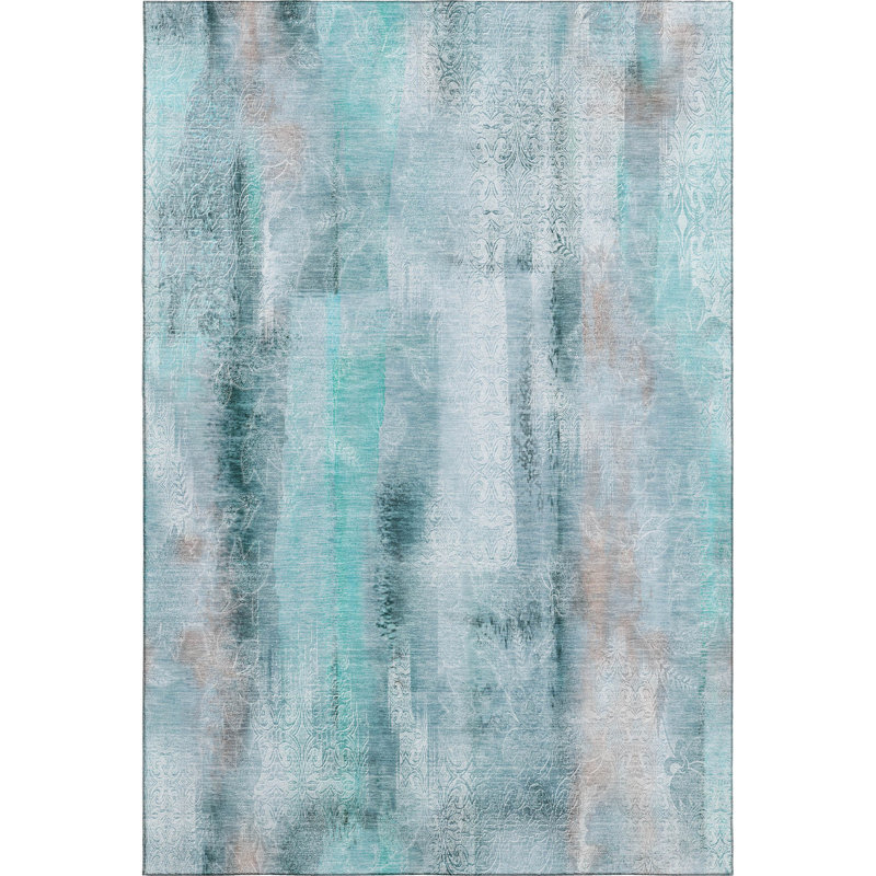 Teal Rectangular Washable Non-Slip Synthetic Rug 46" x 30"