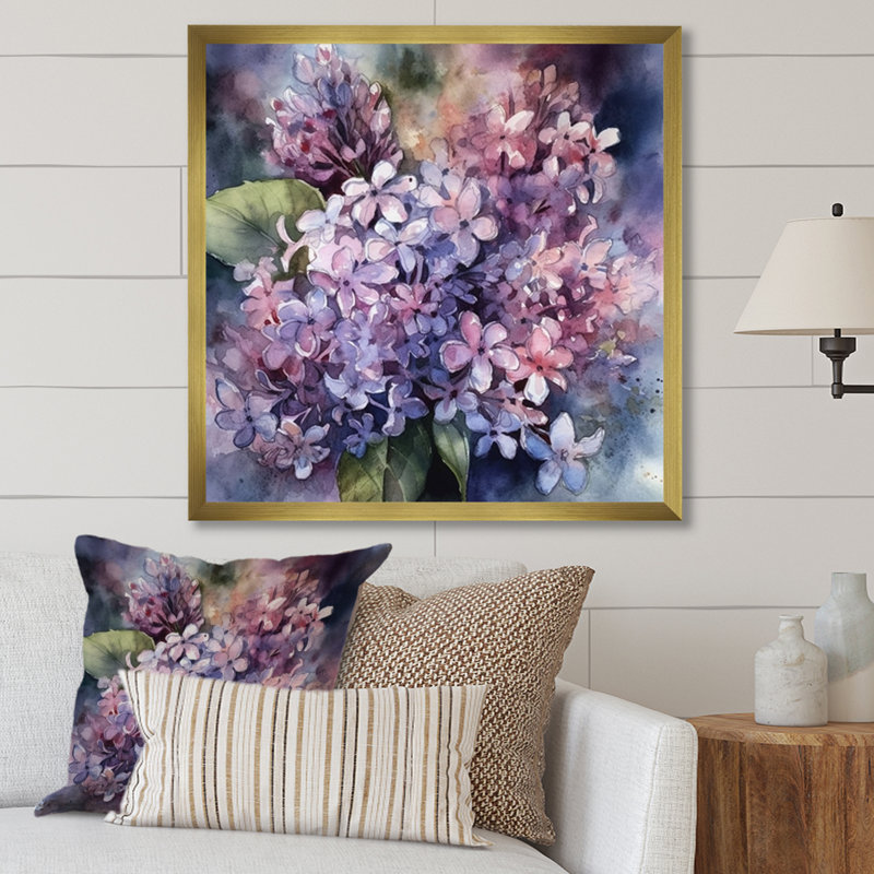 Mauve, vert, lilas III sur toile, Encadrement doré, H 30 po x l 30 po x P 1 po