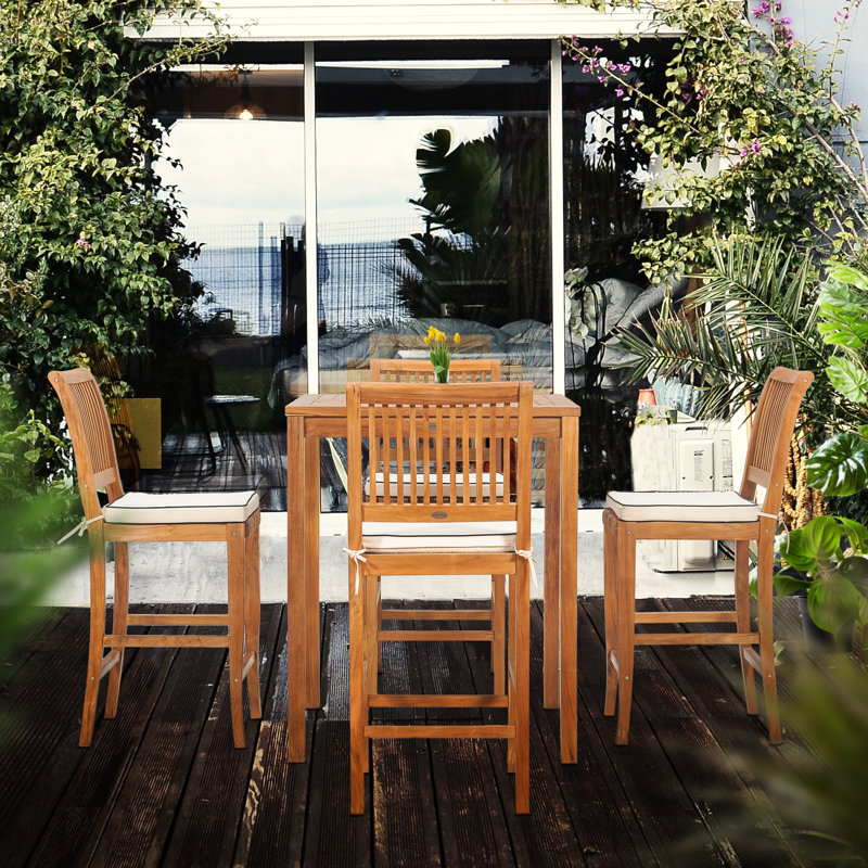 Outdoor 5 - Piece Teak Bar Height Dining Set with Cushions