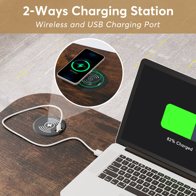 35'' Rolling Side Table with Wireless Charging & USB Ports, Brown
