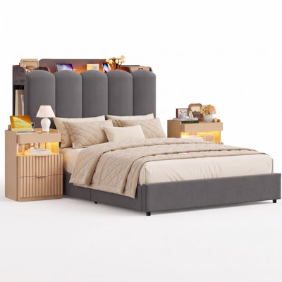3-Piece Bedroom Sets with LED Headboard and Built-in Charging Station, Twin Storage Bed and Lighting Nightstands, White