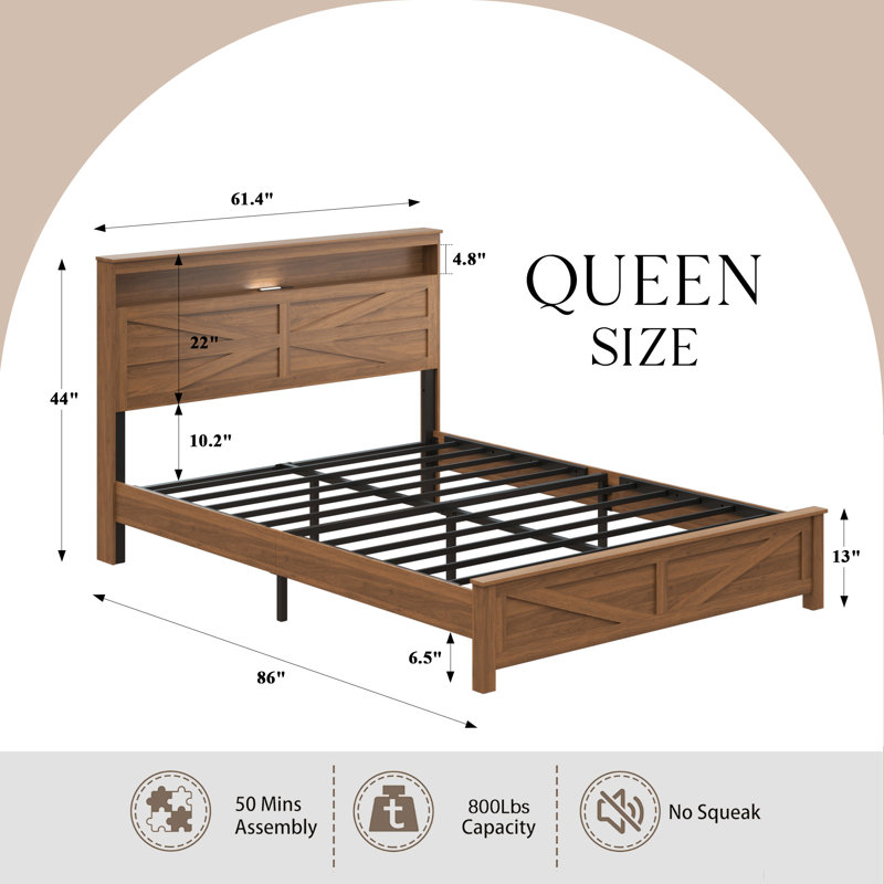 Lit plateforme de style ferme Queen, tête de lit avec rangement, éclairage DEL et station de chargement USB et de type C, sommier non requis.