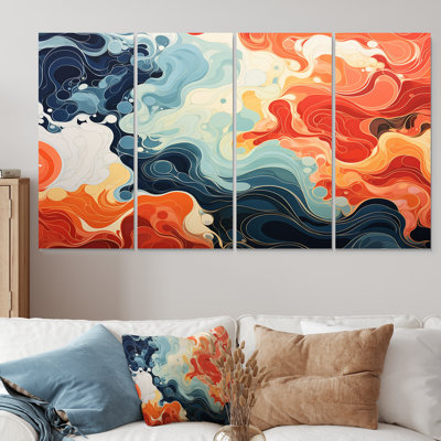 Encre liquide bleue et orange liquide, art mural abstrait 4 pièces pour le salon