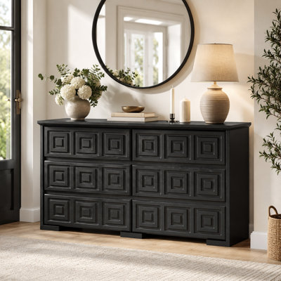 6-Drawer Wide Dresser, Modern Chest of Drawers with Geometric Fronts, Bedroom Storage Cabinet with Smooth Rails and Anti-Tip Kit for Bedroom, In-Wall Closets., Living Room, Hallway