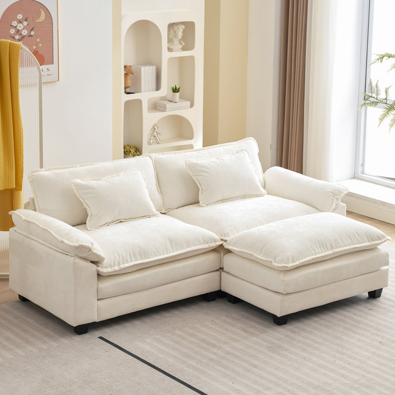 Arale 86'' Wide Comfy Cloud Couch Sectional Loveseat Sofa with Ottoman, Arale Cream White Chenille