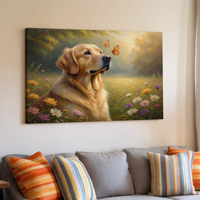 Reproduction d'art sur toile Golden Retriever avec papillons et fleurs nature