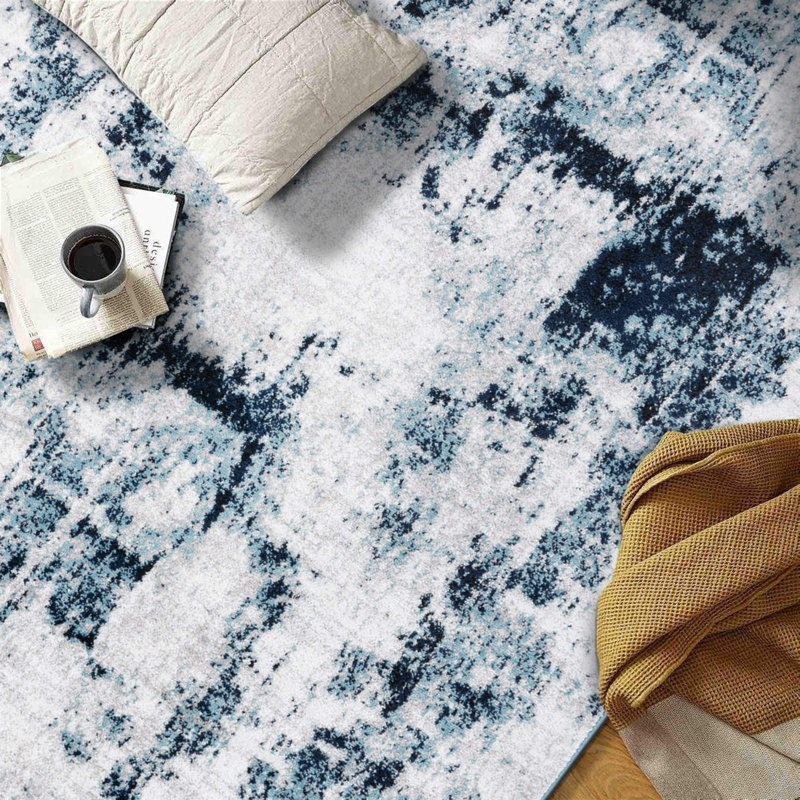 Tapis bleu / ivoire / bleu marine à motif abstrait Hobart, Rectangle 5 pi x 7 pi