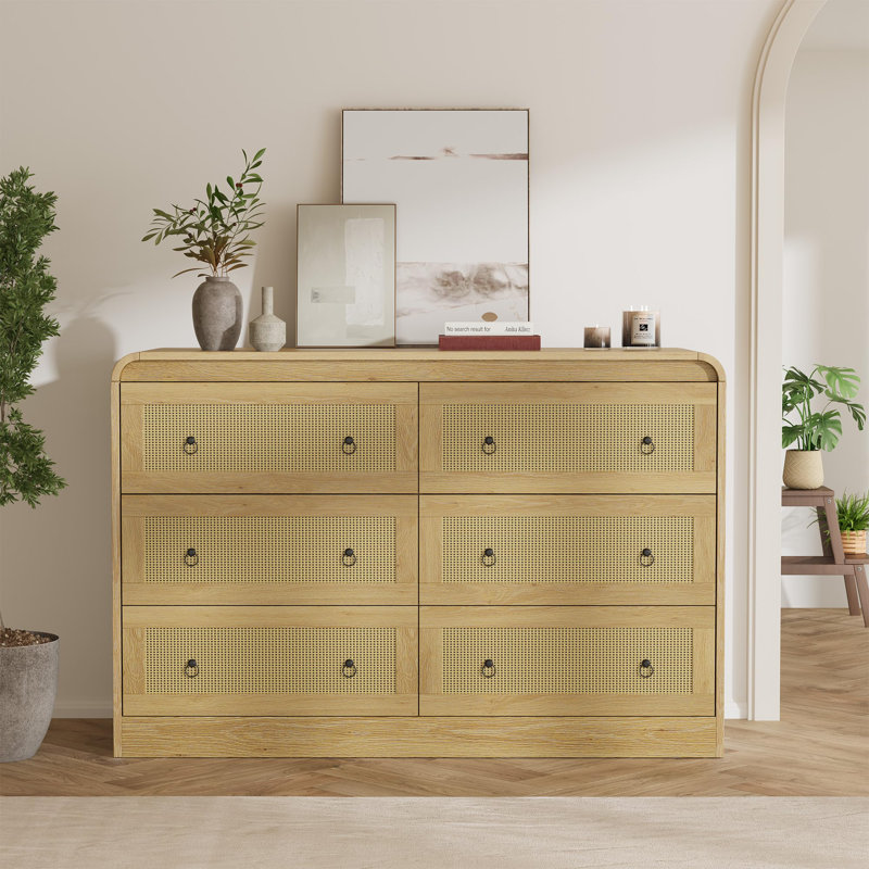 6 Drawer Rattan Dresser with Rounded Corners, 46" Wide Modern Wooden Storage Cabinet for Bedroom Living Room, Natural