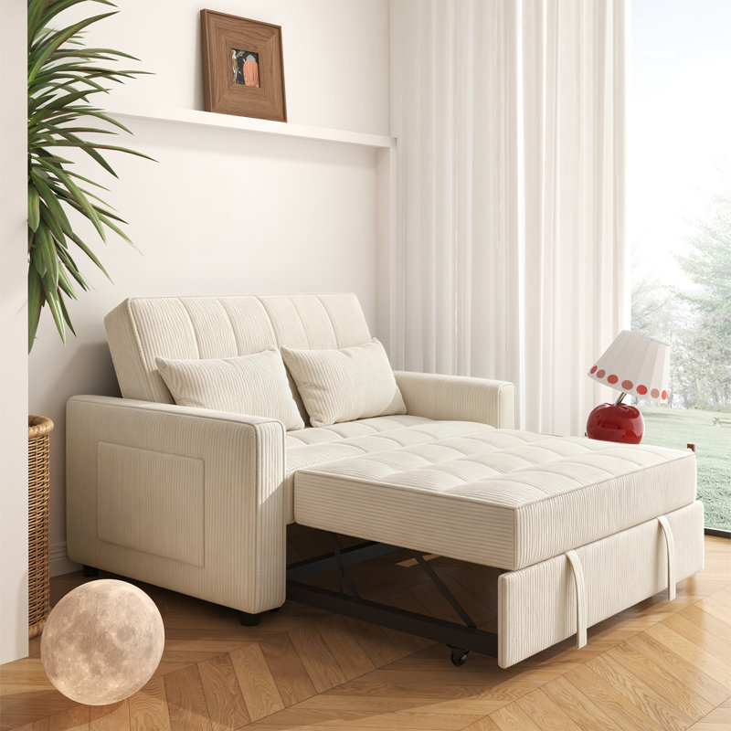 53.2'' Upholstered Convertible Sleeper Sofa, Ivory Corduroy