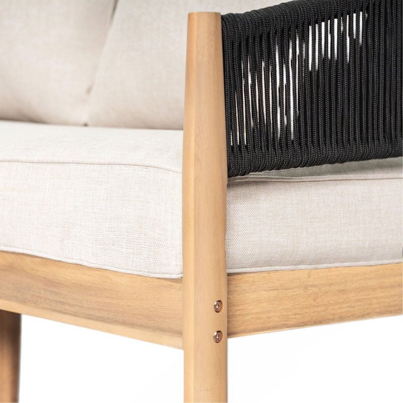 Causeuse d'extérieur en bois d'acacia, bois au fini naturel, coussin beige, corde noire