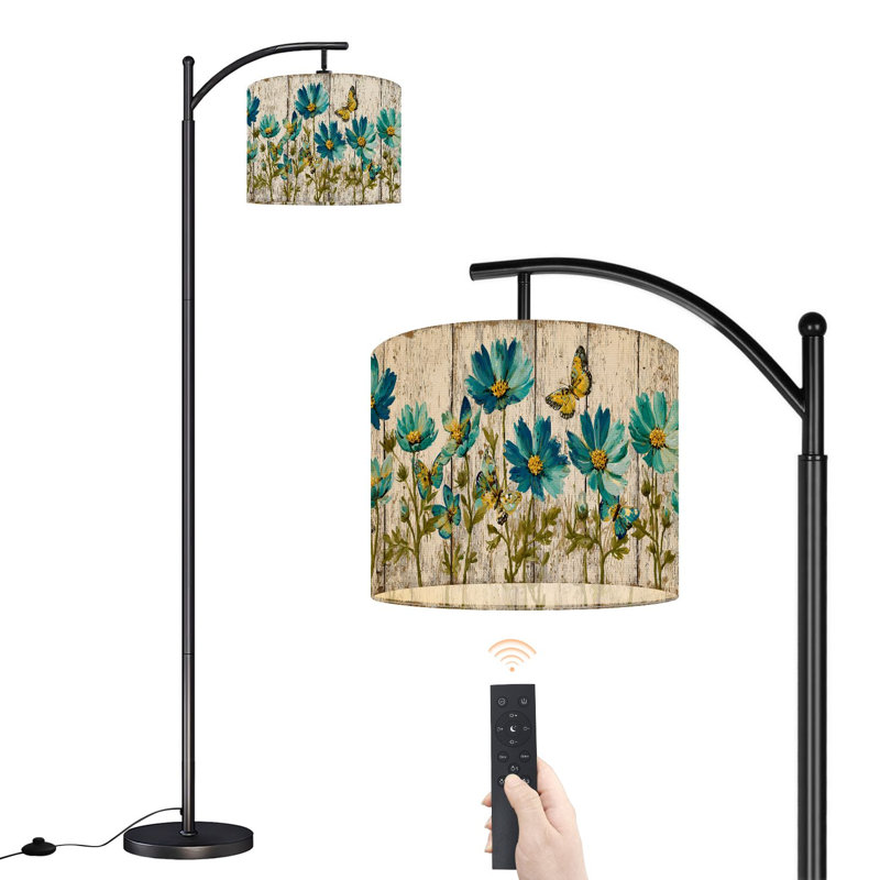 Arc Floor Lamp with Adjustable Lampshade Vintage Wooden Fence Daisies Butterflies Art Print Standing Lamp 3 Color Temperatures Dimmable Tall Pole Lamp with Foot Switch for Bedroom