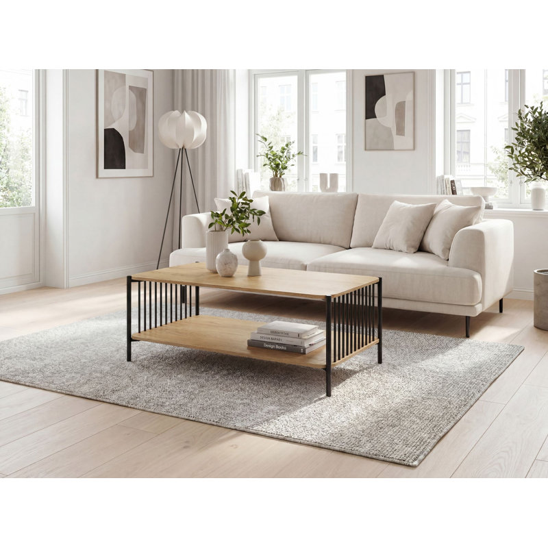 Rectangular Oak-Effect Coffee Table with Storage Shelf and Black Metal Frame, Brown / Black, Brown