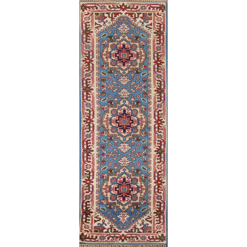 Tapis de couloir bleu clair en laine Heriz Serapi noué à la main 3 x 8