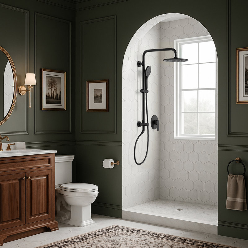 Système de douche mural à pression équilibrée, pomme de douche à pluie 10 "avec douchette coulissante, Noir mat
