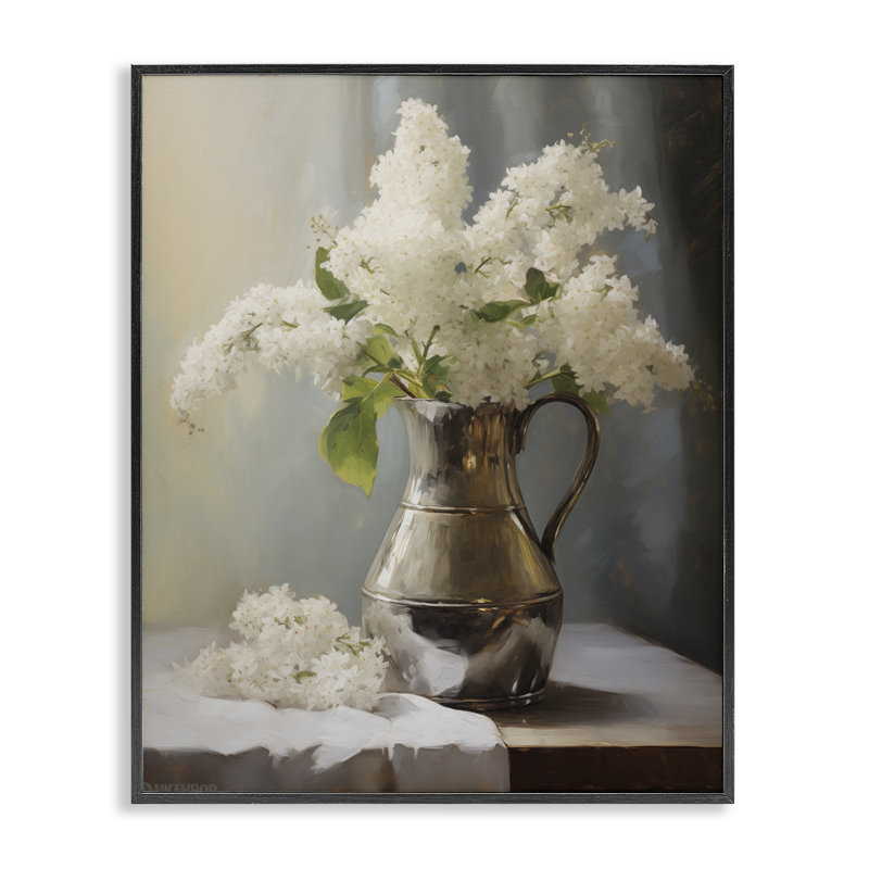 Giclée blanche nature morte lilas, design par Arlington Prints, H 14 po x l 11 po, Giclée encadrée noir minuit