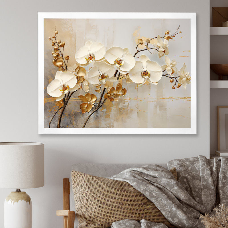 Minimalisme beige et orchidées dorées - impressions sur toile orchidées, H 30 po x l 40 po, Cadre photo unique, Blanc