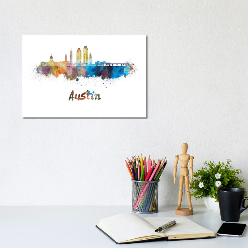 Austin Skyline in Watercolour II 1 Piece Wrapped Canvas Painting, 20.32cm H x 30.48cm W x 1.91cm