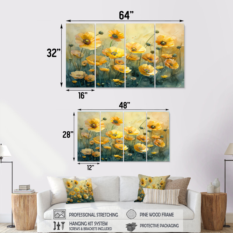 Jaune jaune noir Buttercup Flower Breeze III - Buttercups, ensemble de reproductions d'art mural, H 32 po x l 64 po
