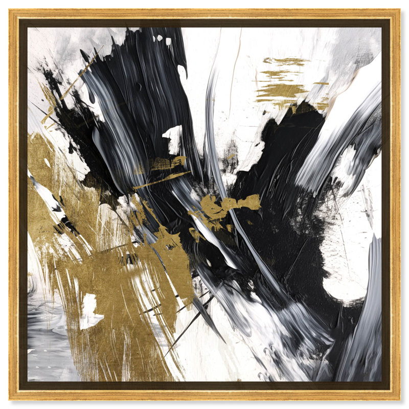 Toile abstraite «Toutes», art abstrait noir et blanc par Notoriart, Cadre doré, H 13 po x l 13 po