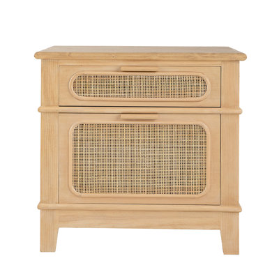 27.5X18x26" Mid-Century Bohemian Bedside Table, Pine Wood Veneer And Cane Magnetism In Fashion