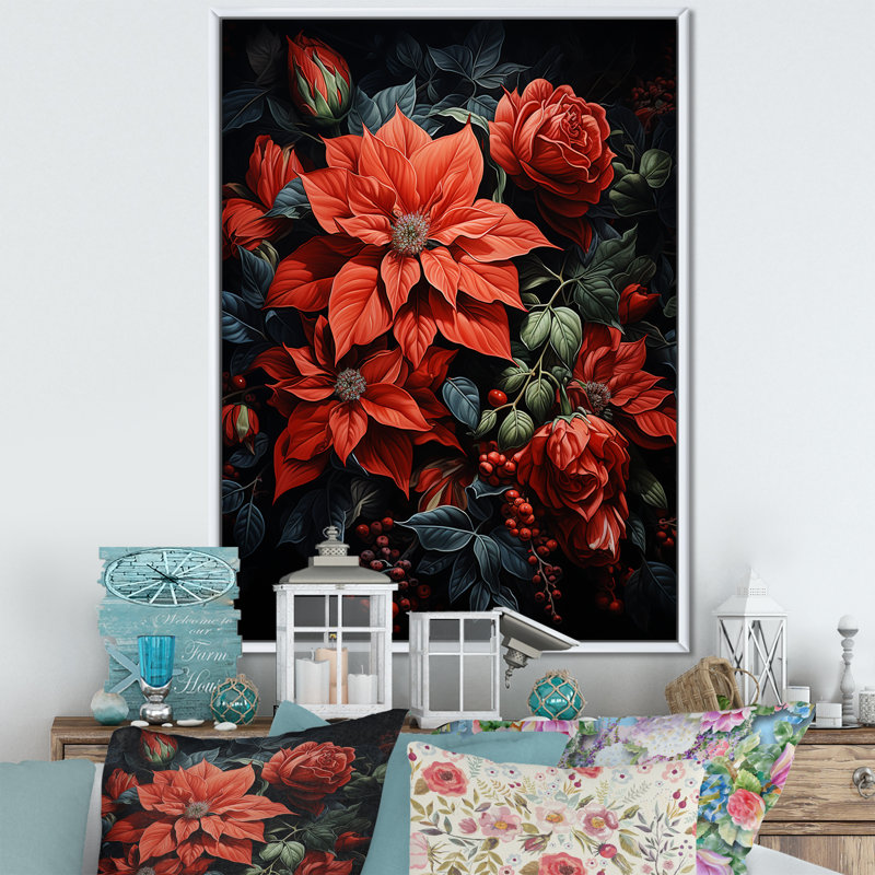 Danzell Poinsettia Flower Noir II - impression, H 20 po x l 12 po x P 1 po, Cadre flottant blanc
