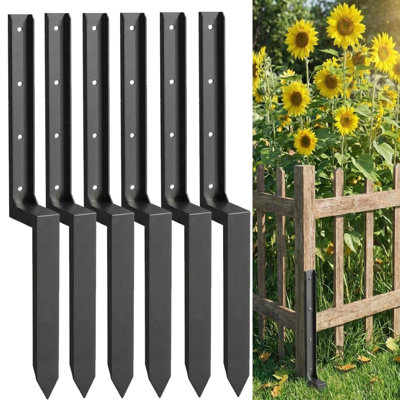 6 PC Fence Post Repair Kit-Leaning Fence Fixer for Broken 4x4/6x6 Wood Posts with 11-Gauge Steel Anchor Stakes Support, Easy Installation, Weather Resistant Black Powder Coated