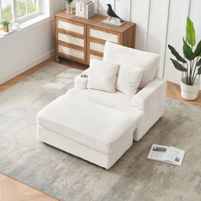 Comfort Armchair And Ottoman Set With Cup Holder And Corduroy Upholstery