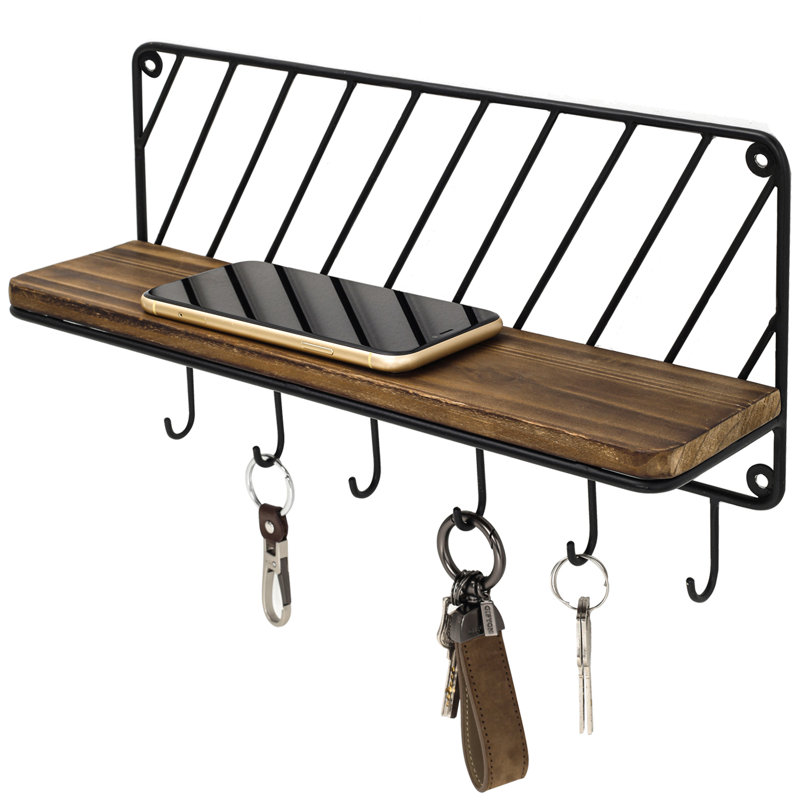 Decorative Urban Wall Floating Shelf with 6 Hooks
