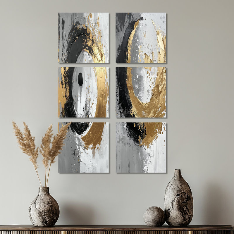 Gold Glam Arcs Shapes Fusion - ensemble de 6 formes murales abstraites, Toile tendue, Ne s’applique pas