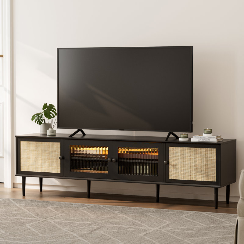 Modern LED Rattan TV Stand For 75 Inch TV, With 2 Rattan Doors And 2 Glass Doors, Floor Standing TV Cabinet For Living Room, Bedroom