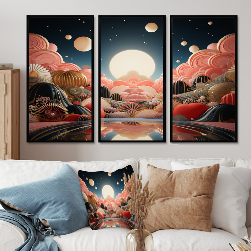 Rayden - Ensemble de salon mural art abstrait paysage, H 28 po x l 36 po x P 1 po, Cadre flottant noir