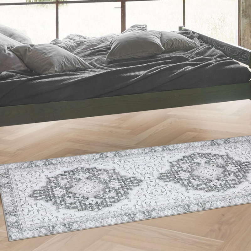 Boho Printed Area Rug – Soft Washable Carpet, Distressed Pattern, Non-Slip, Foldable, Low Pile for Living Room, Bedroom, Office (Blue)