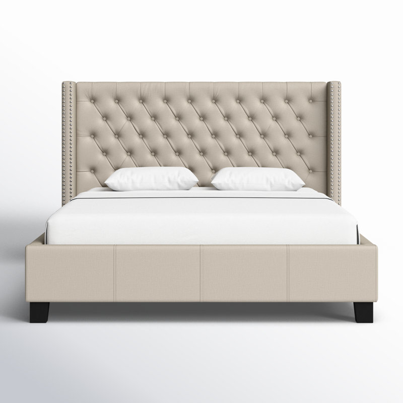 Lit plateforme tapissier à profil bas Ashton, Tissu texturé en lin beige, Très grand