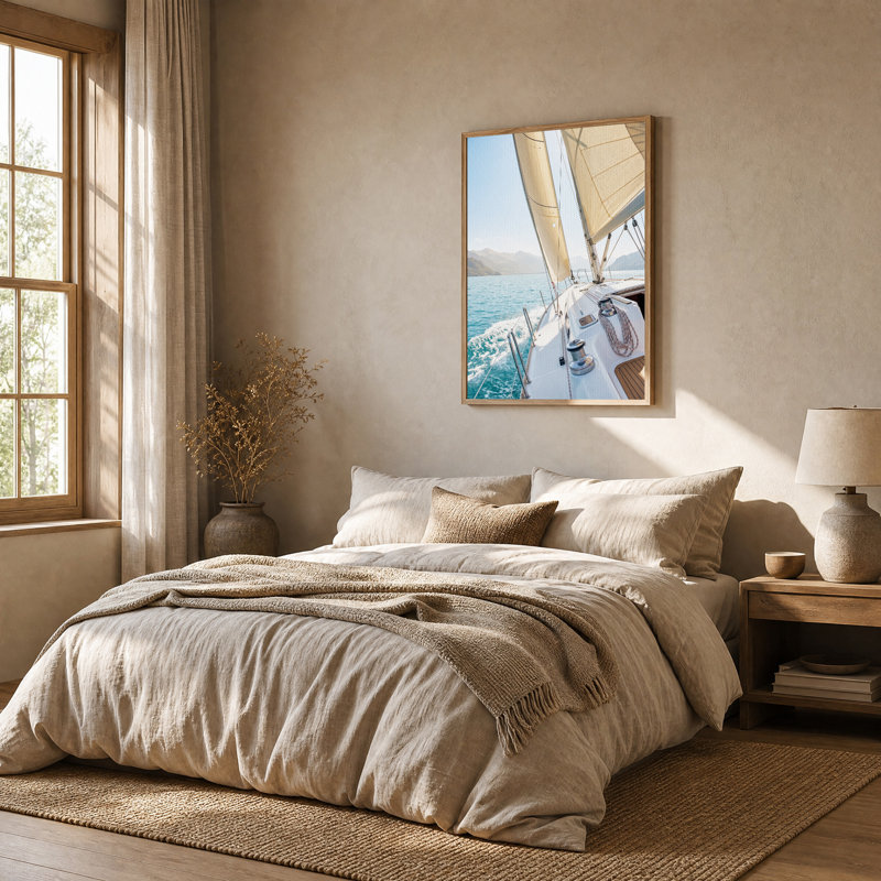 Voilier blanc sur toile d'eau turquoise, H 48 po x l 32 po