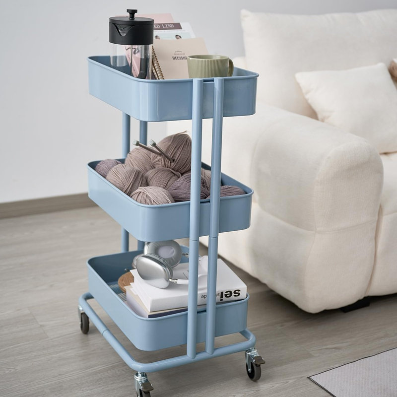 Chariot de rangement mobile en métal à 3 niveaux - Chariot de rangement multifonctionnel, Blue