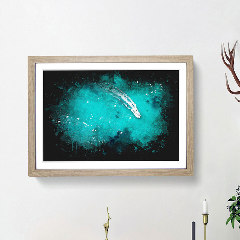 Boat Passing over the Ocean in Corfu Greece - Picture Frame Painting Print, 62cm H x 87cm W x 2cm D, Oak Framed
